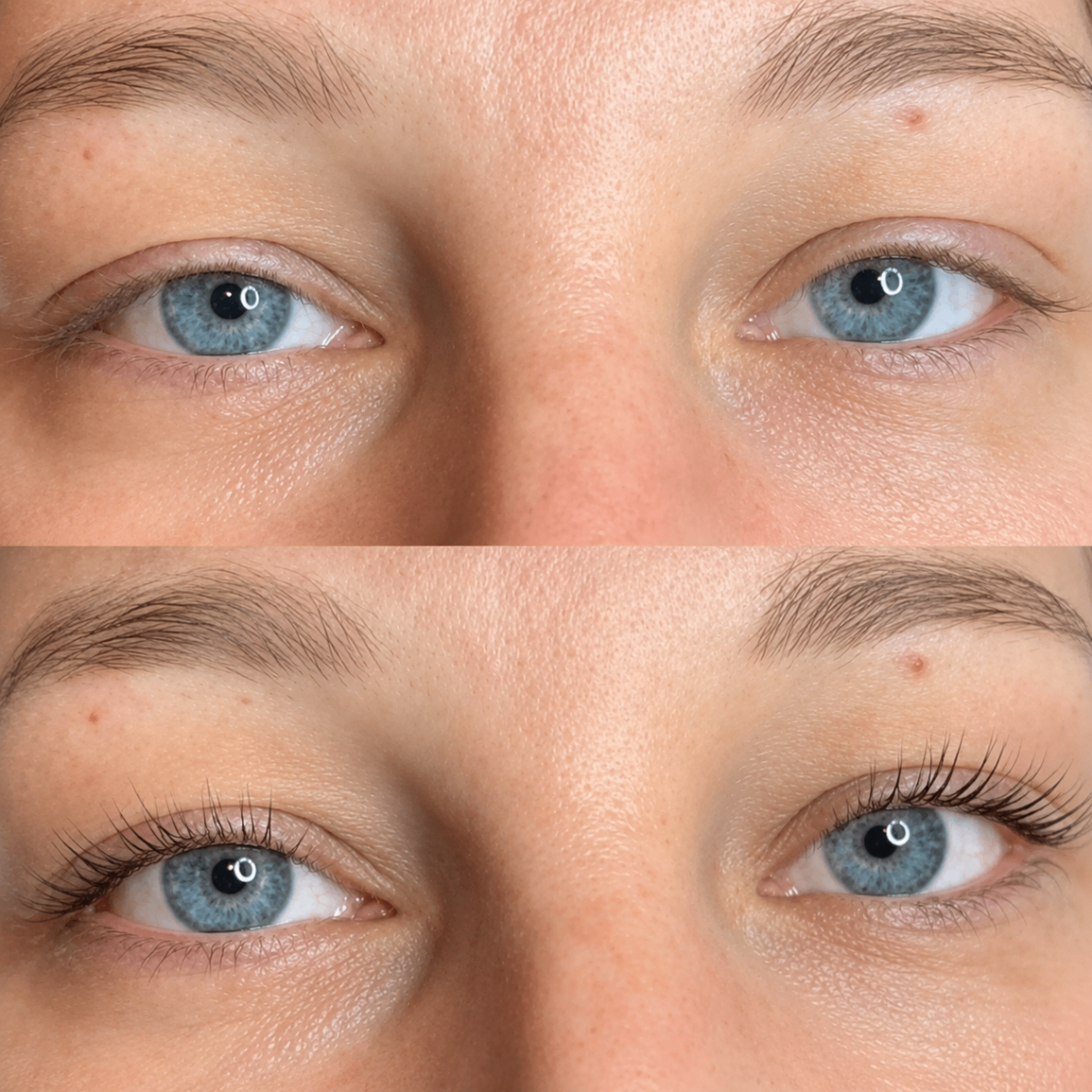 Vorher-Nachher Wimpernlifting – geschwungene, offene Wimpern